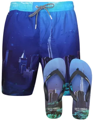 Waterworld Swim Shorts in Blue Sunset Beach with Free Matching Flip Flops - Tokyo Laundry