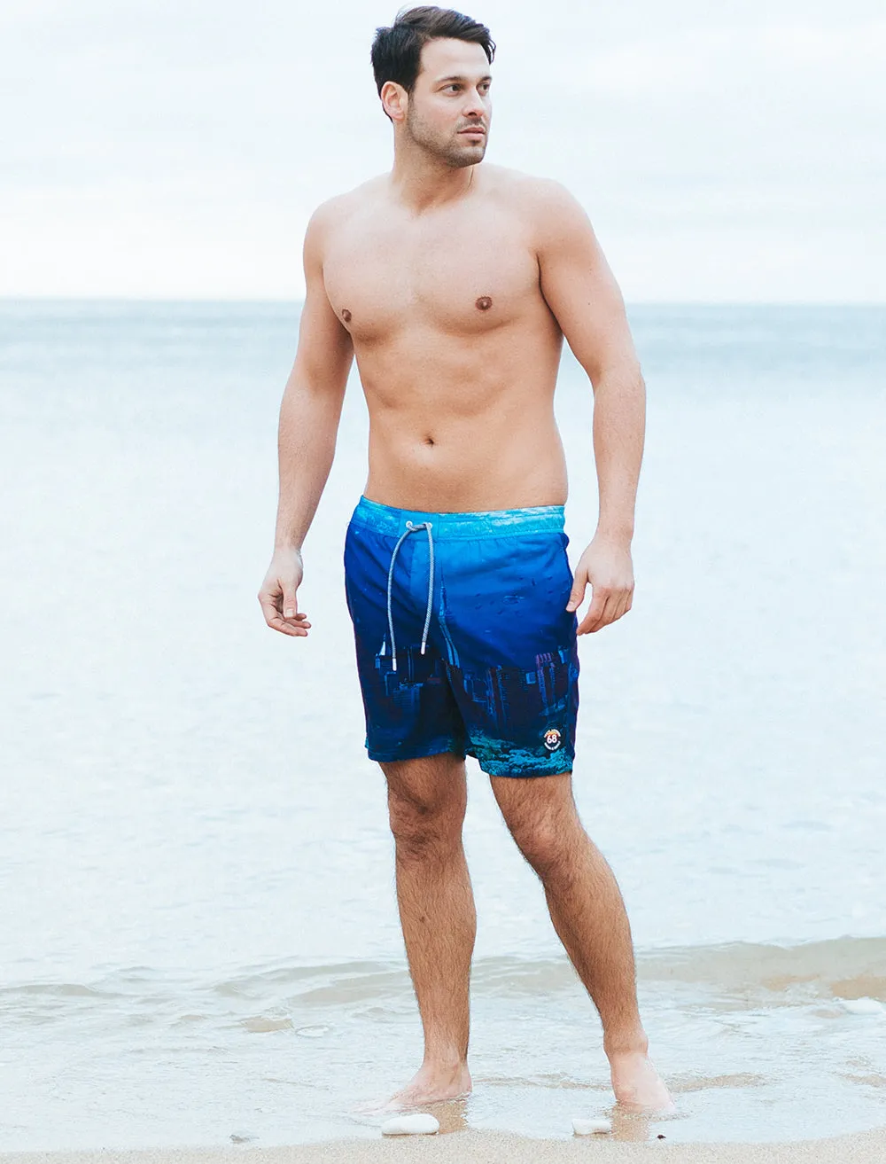 Waterworld Swim Shorts in Blue Sunset Beach with Free Matching Flip Flops - Tokyo Laundry