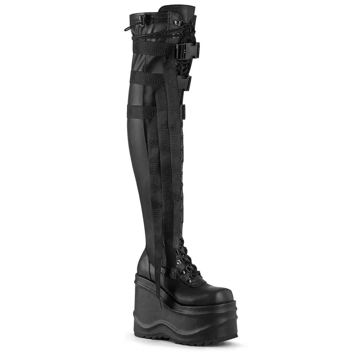WAVE-315 DemoniaCult Black Stretch Vegan Leather Sexy Women's Over-the-Knee Boots (Alternative Footwear)