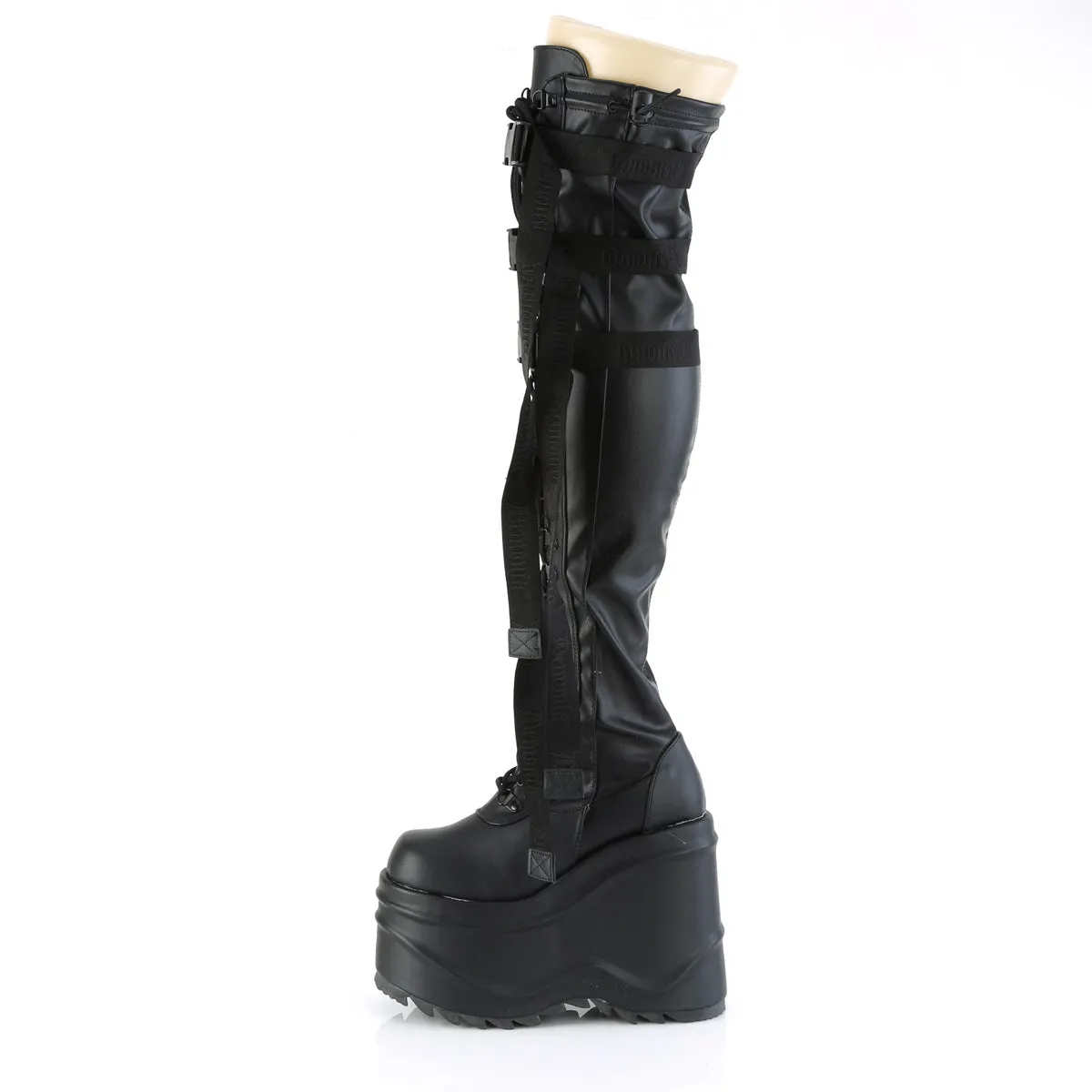 WAVE-315 DemoniaCult Black Stretch Vegan Leather Sexy Women's Over-the-Knee Boots (Alternative Footwear)