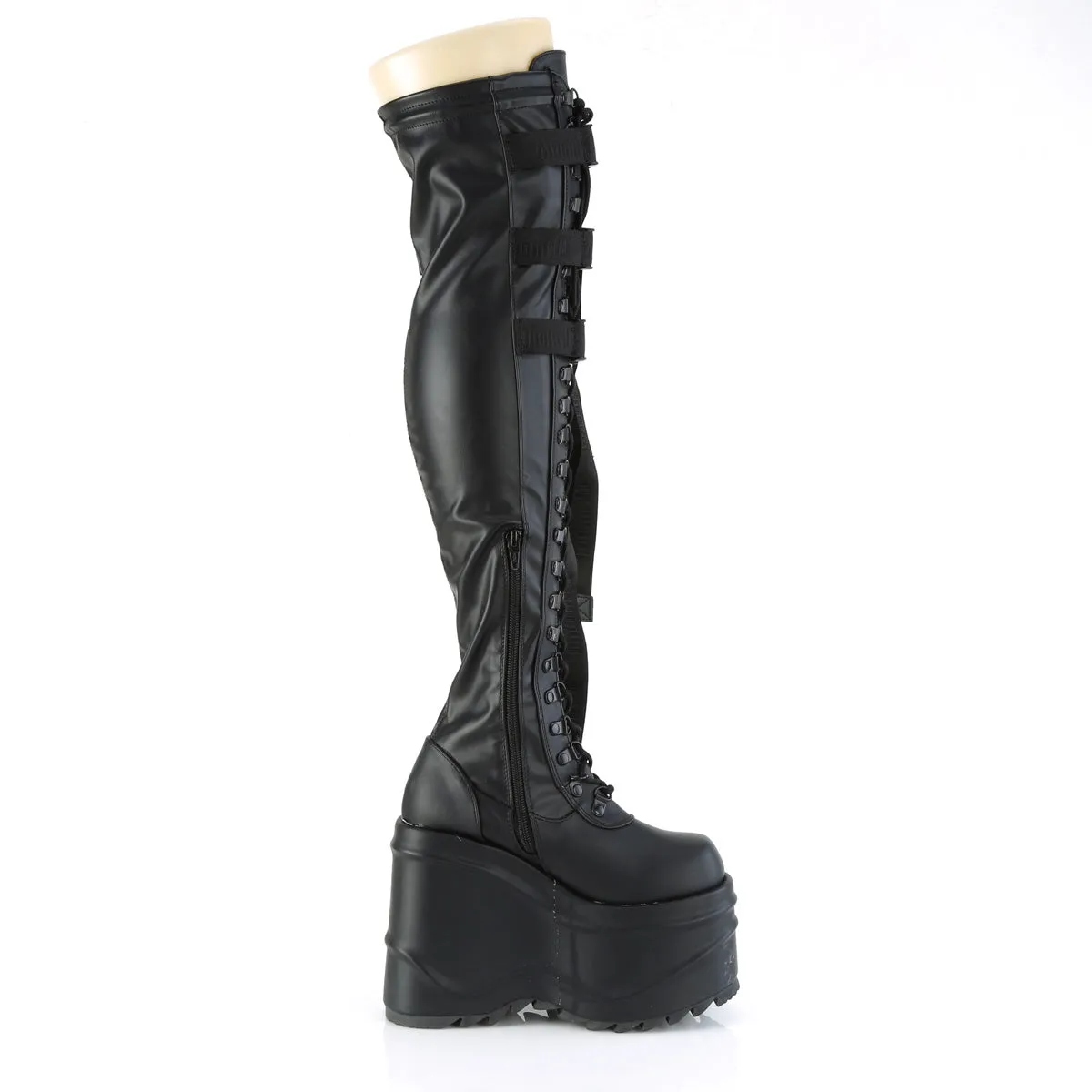 WAVE-315 DemoniaCult Black Stretch Vegan Leather Sexy Women's Over-the-Knee Boots (Alternative Footwear)