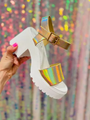 White & Gold Shining Summer Platform Block Heels