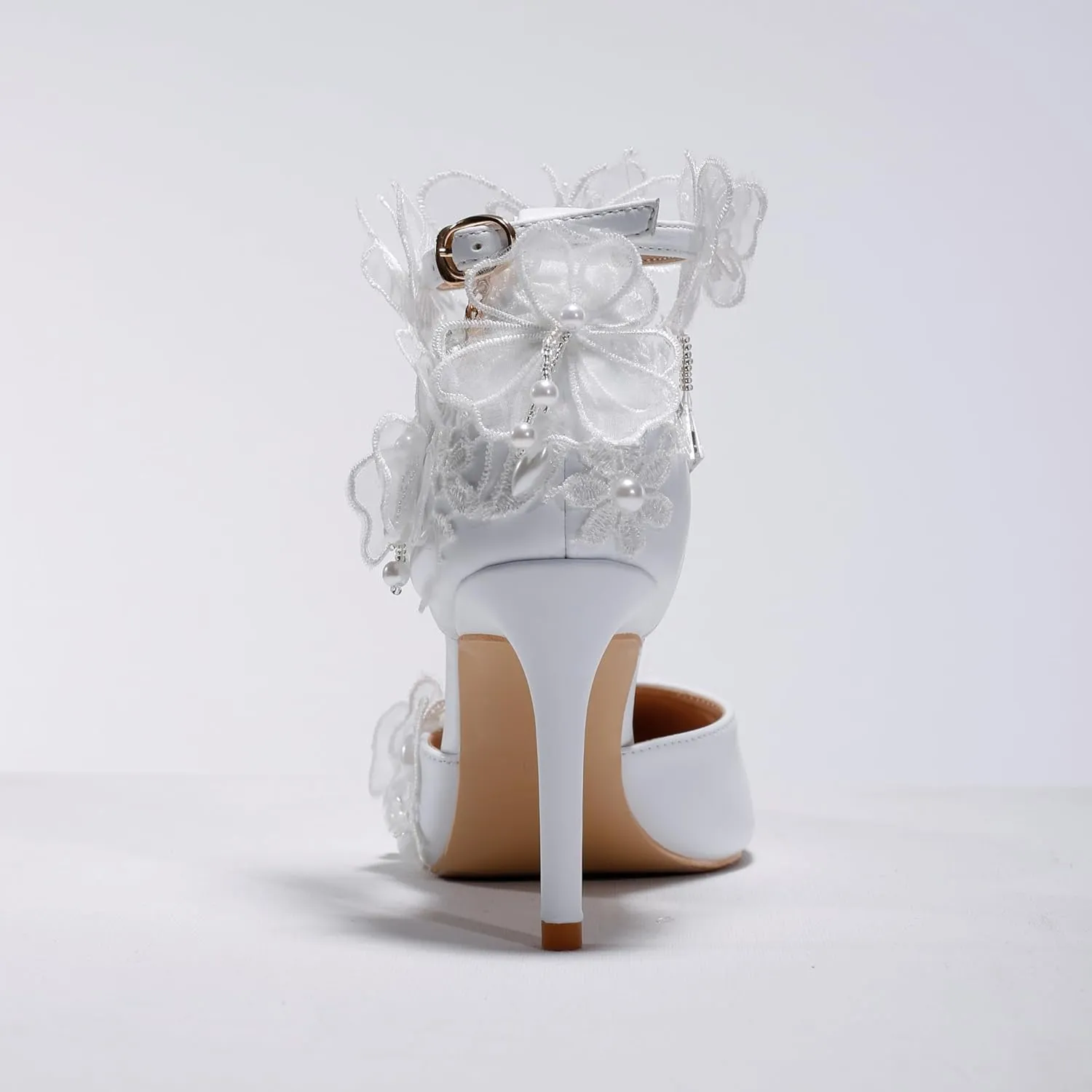 White Chiffon Butterfly Crystal Fringe Wrist Strap Bridal wedding High Heel Shoes Lace Pearl Flower Pointed Toe Stiletto Women's Sandals