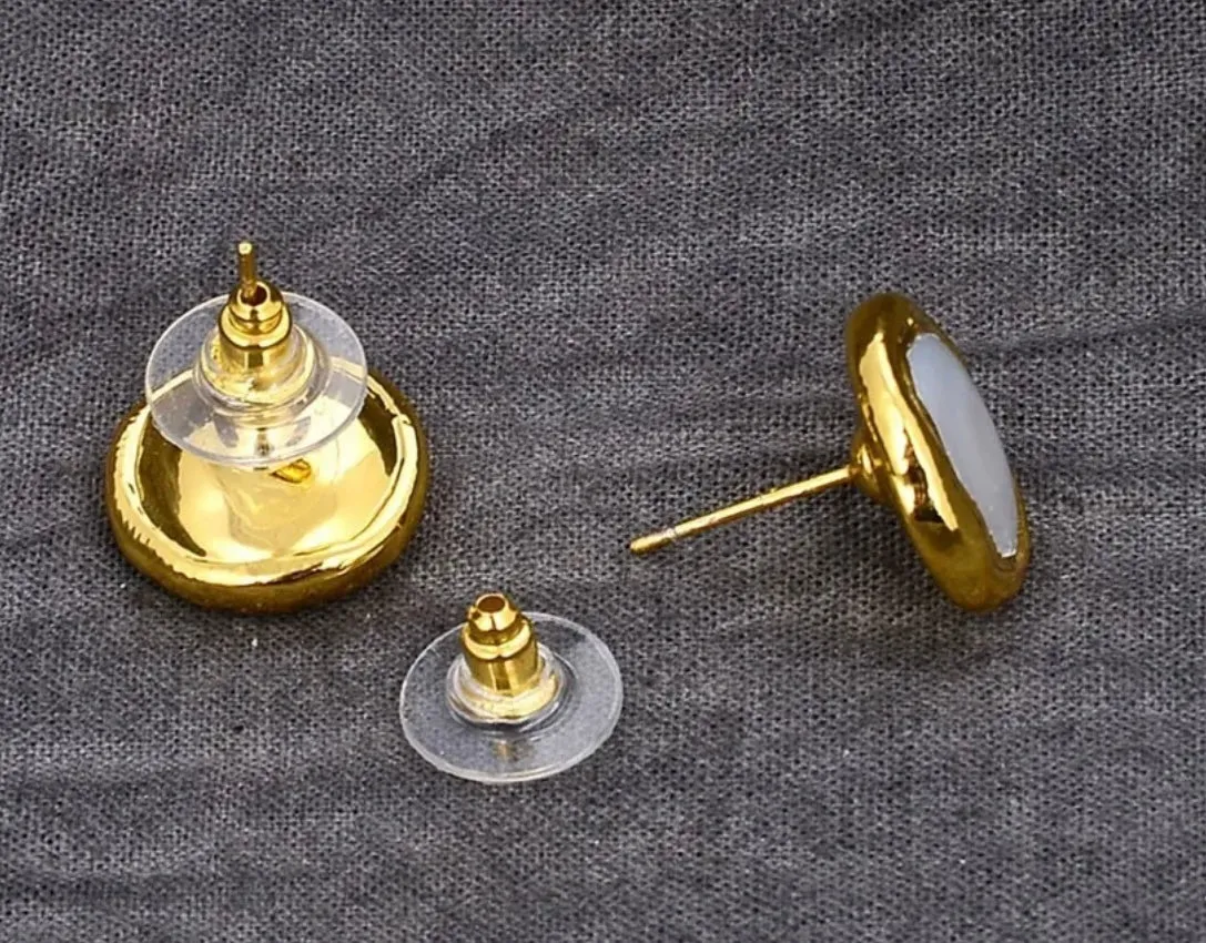 White Coin Pearl Gold Stud Earrings