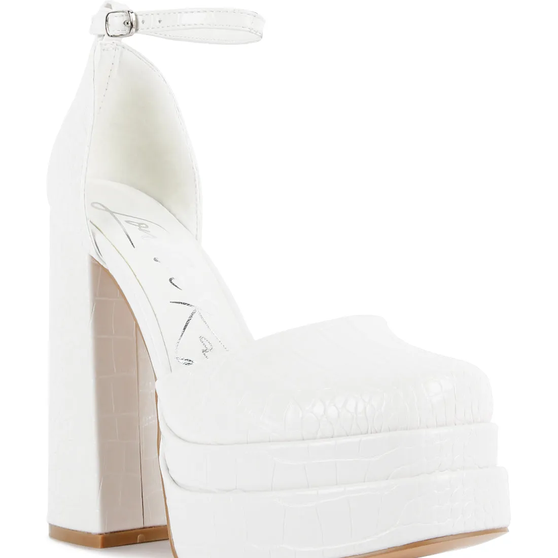 White Croc Textured High Heeled Block Sandals