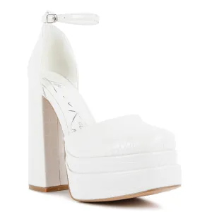 White Croc Textured High Heeled Block Sandals