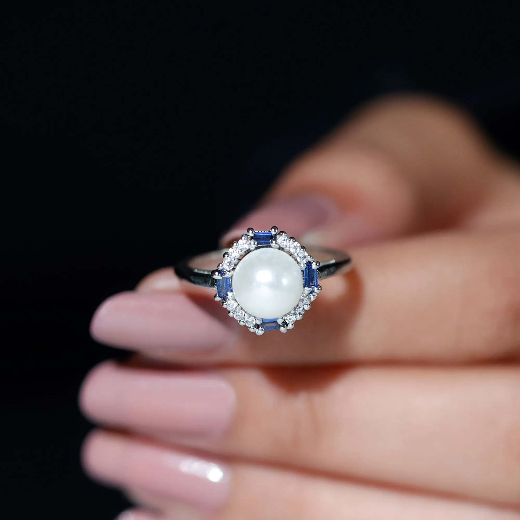 White Freshwater Pearl Halo Ring with Blue Topaz and Diamond