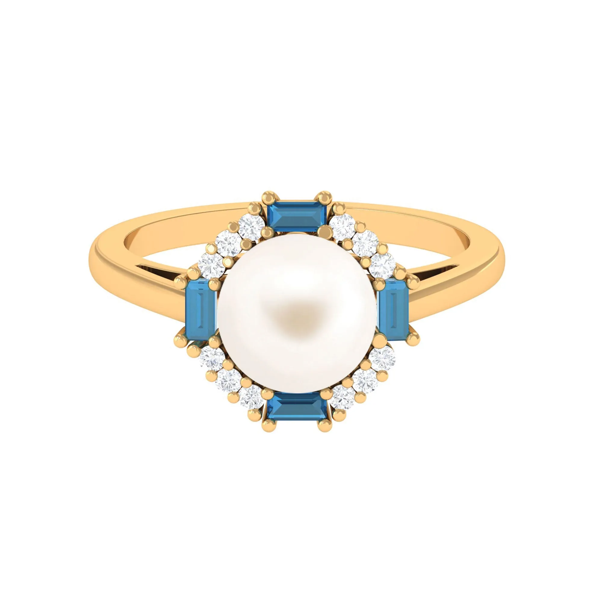 White Freshwater Pearl Halo Ring with Blue Topaz and Diamond