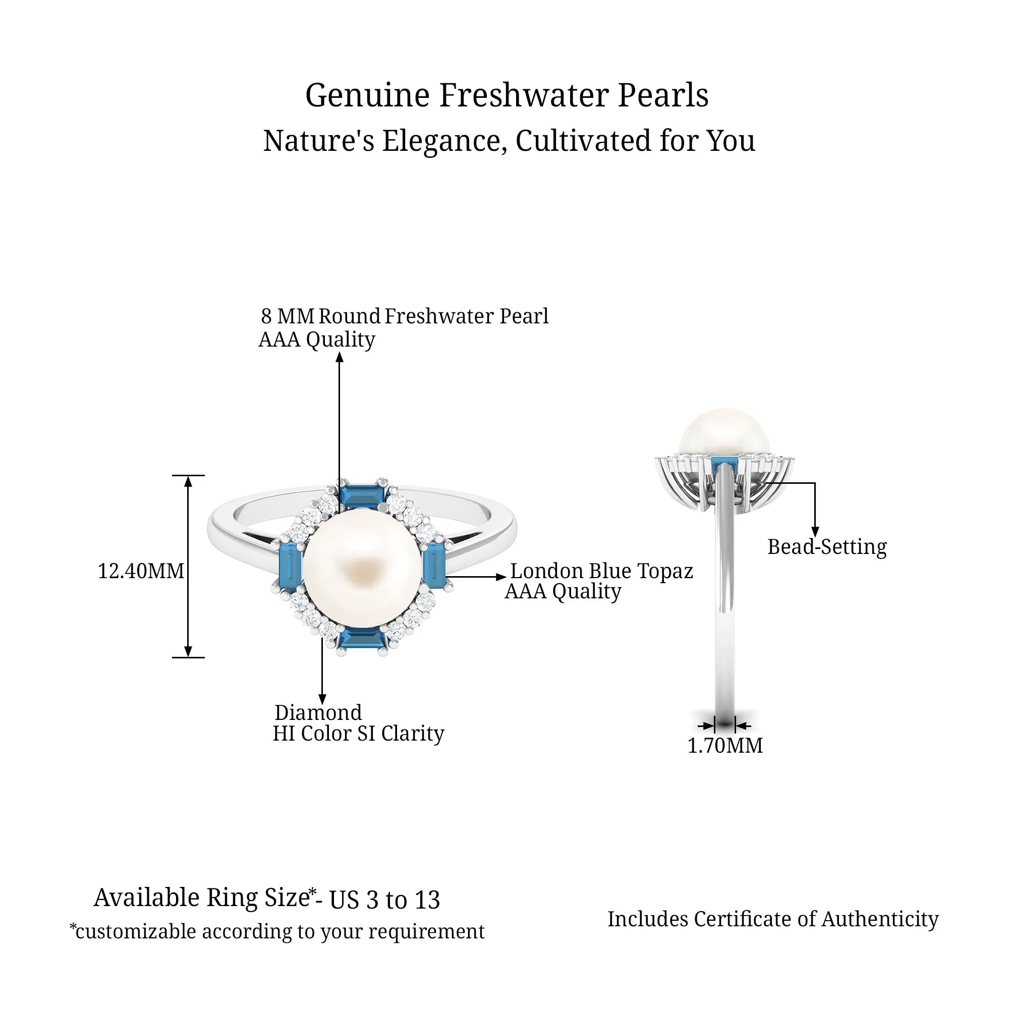 White Freshwater Pearl Halo Ring with Blue Topaz and Diamond