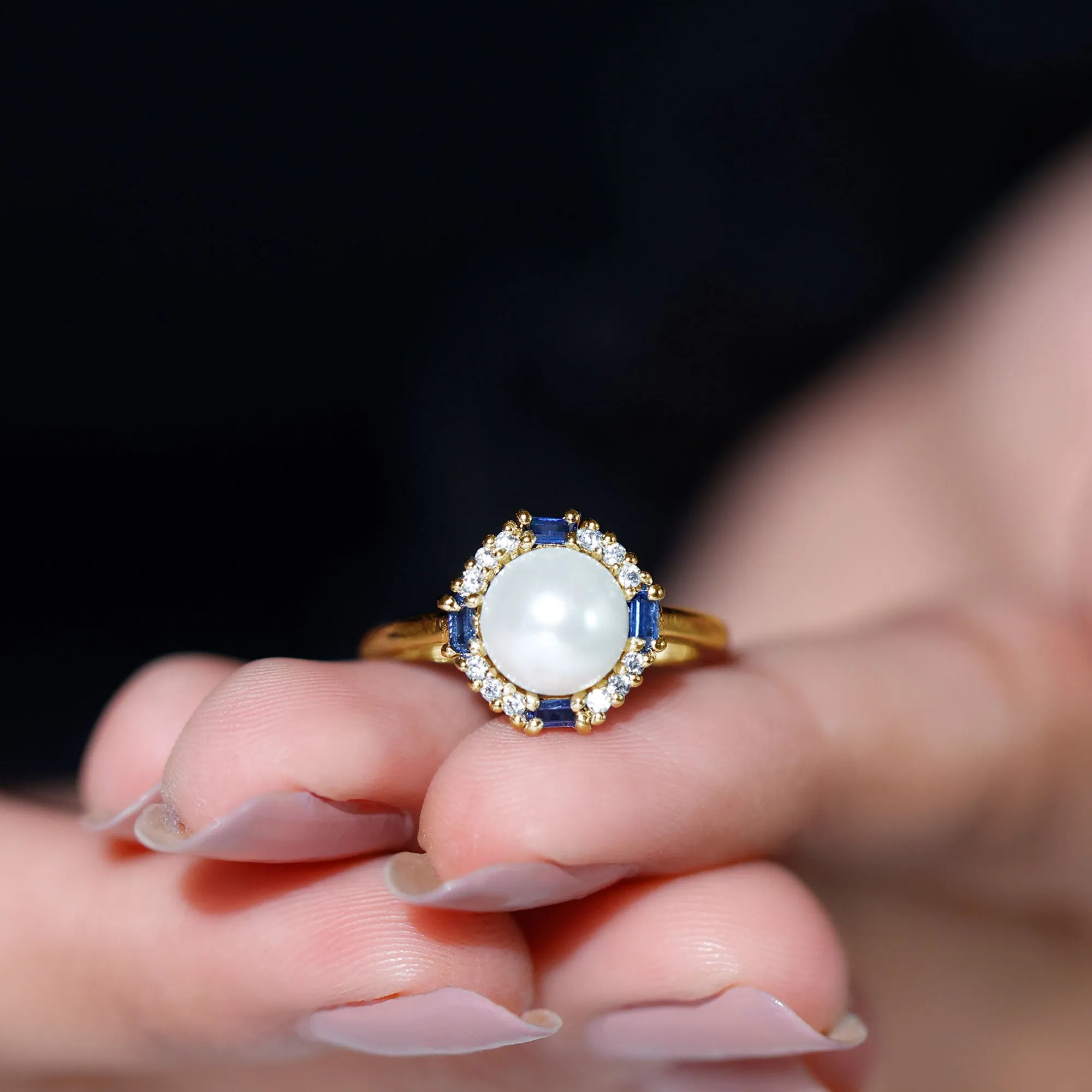 White Freshwater Pearl Halo Ring with Blue Topaz and Diamond