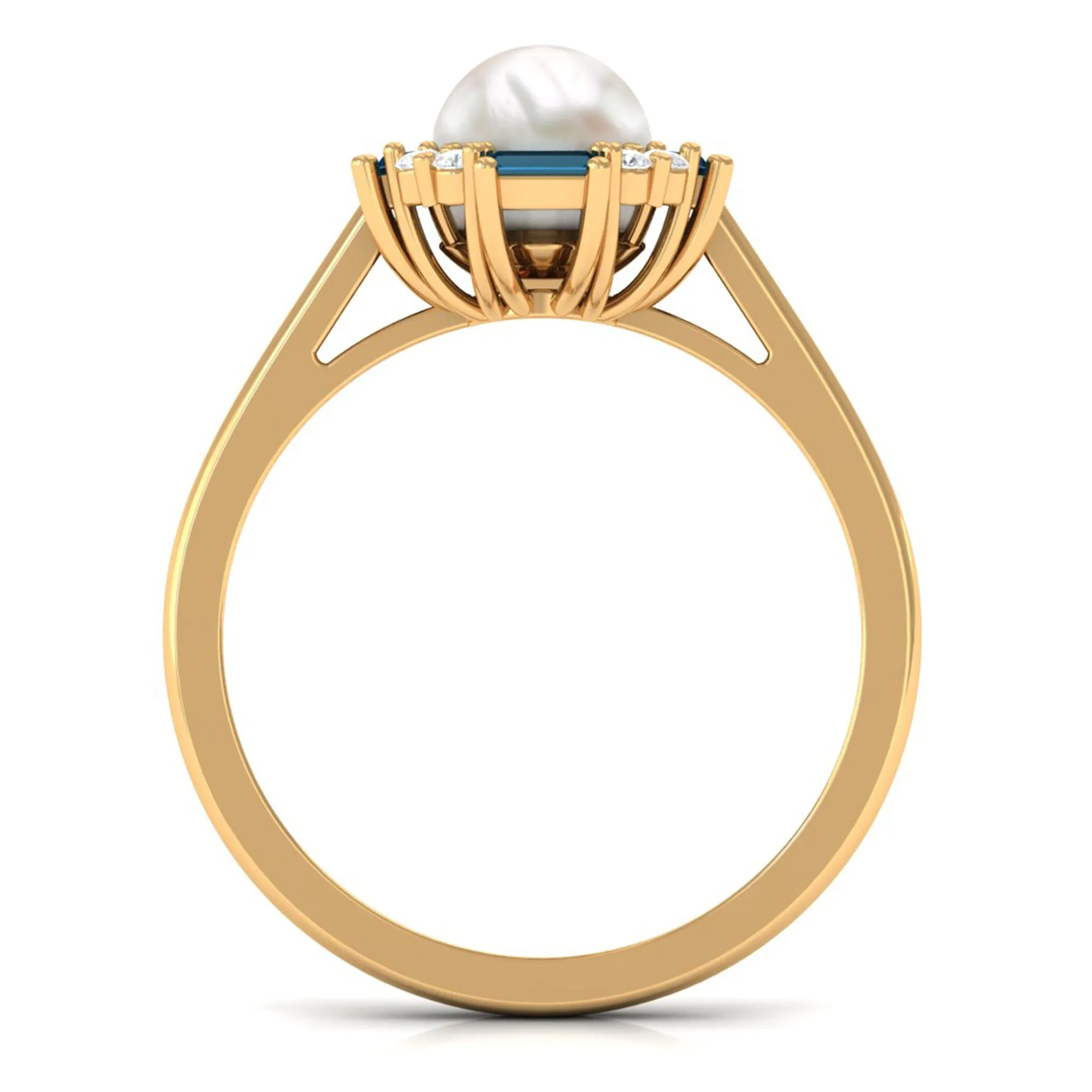 White Freshwater Pearl Halo Ring with Blue Topaz and Diamond