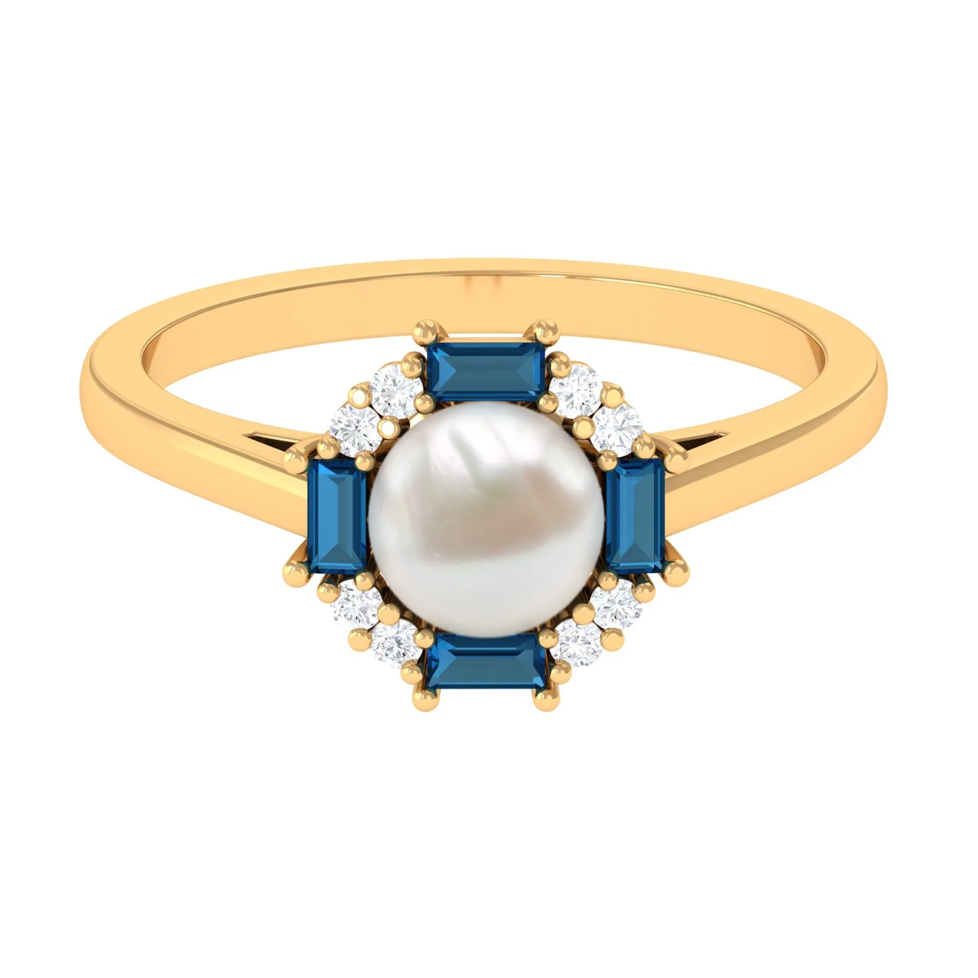 White Freshwater Pearl Halo Ring with Blue Topaz and Diamond