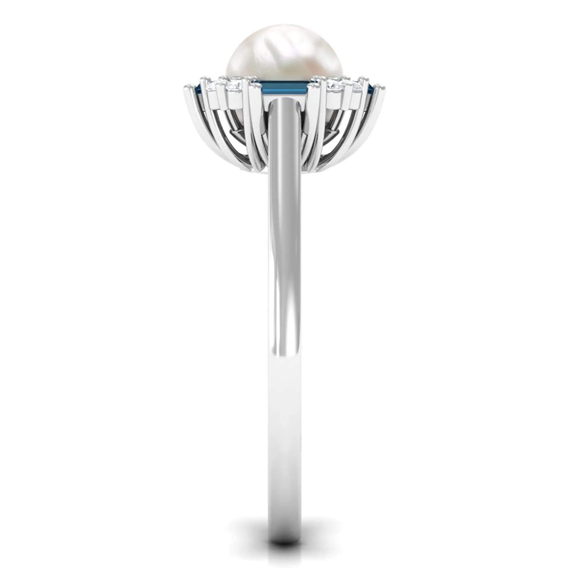 White Freshwater Pearl Halo Ring with Blue Topaz and Diamond