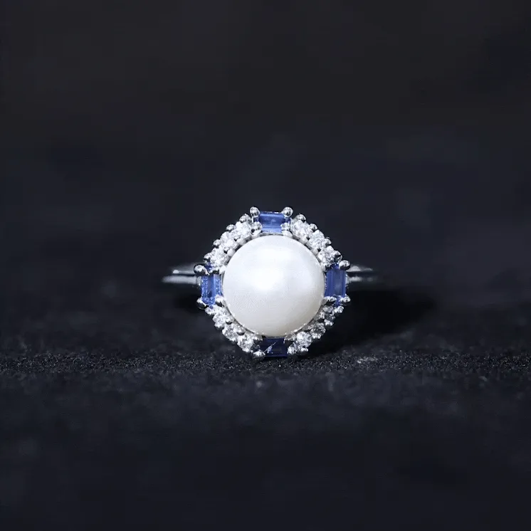 White Freshwater Pearl Halo Ring with Blue Topaz and Diamond