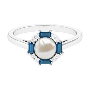 White Freshwater Pearl Halo Ring with Blue Topaz and Diamond