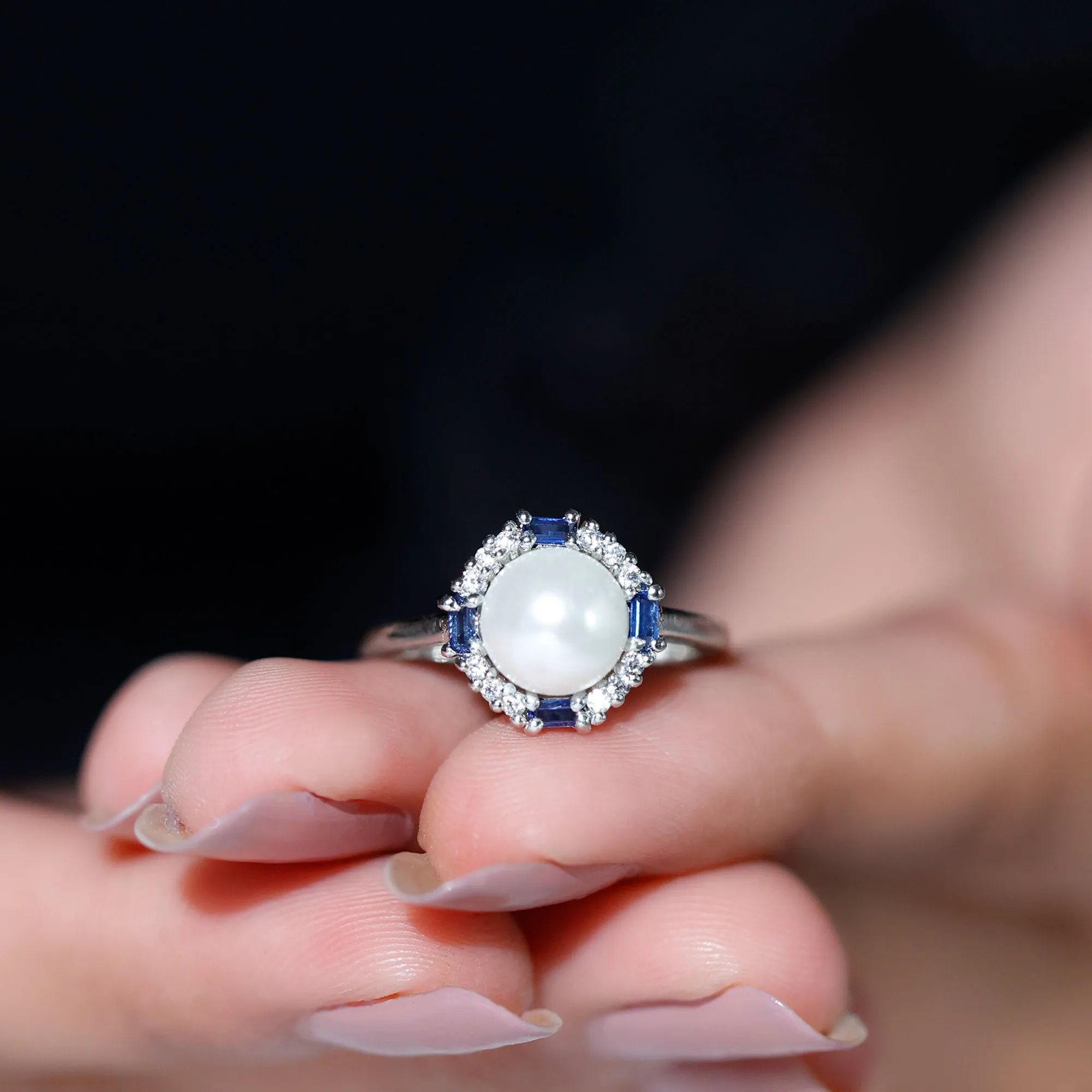 White Freshwater Pearl Halo Ring with Blue Topaz and Diamond