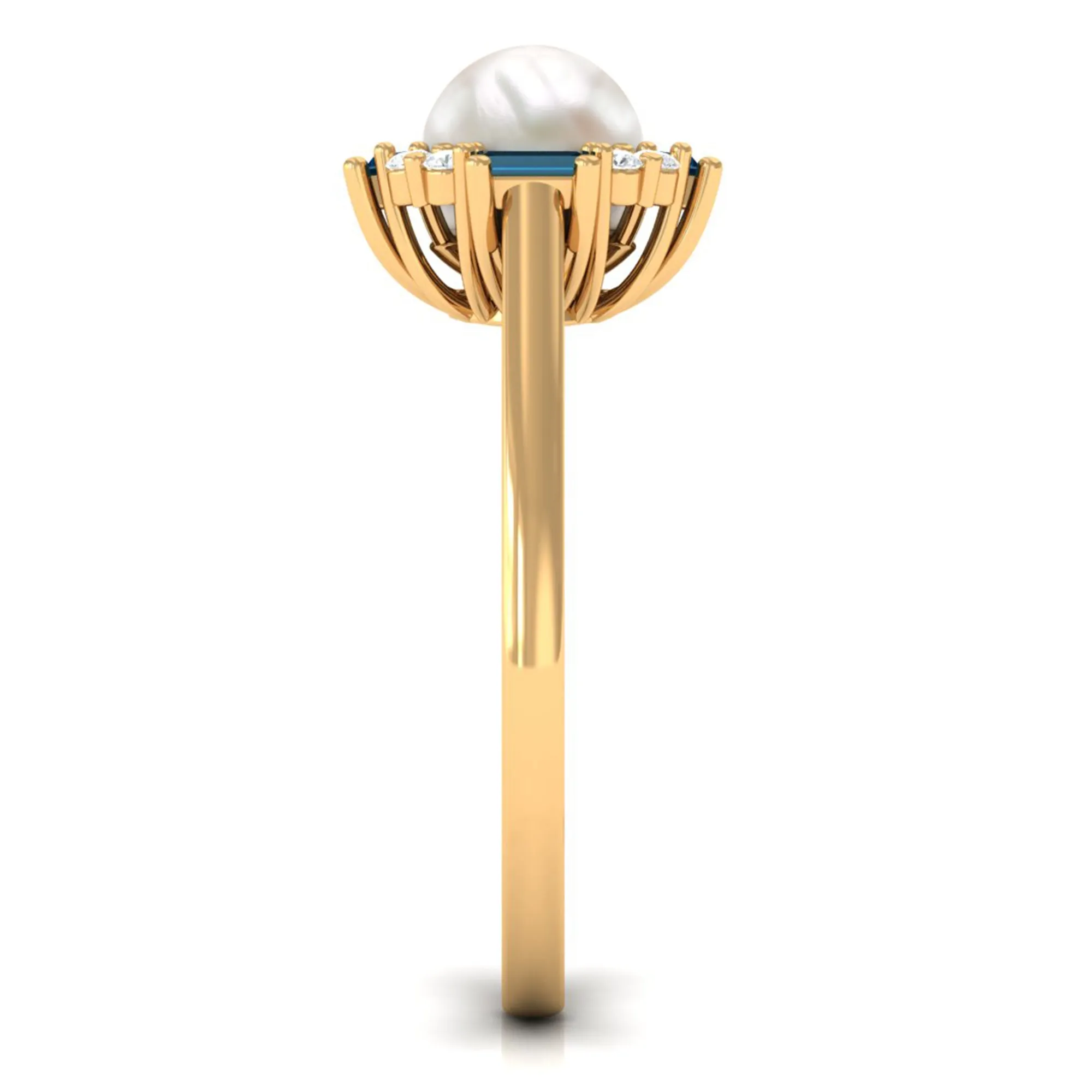 White Freshwater Pearl Halo Ring with Blue Topaz and Diamond