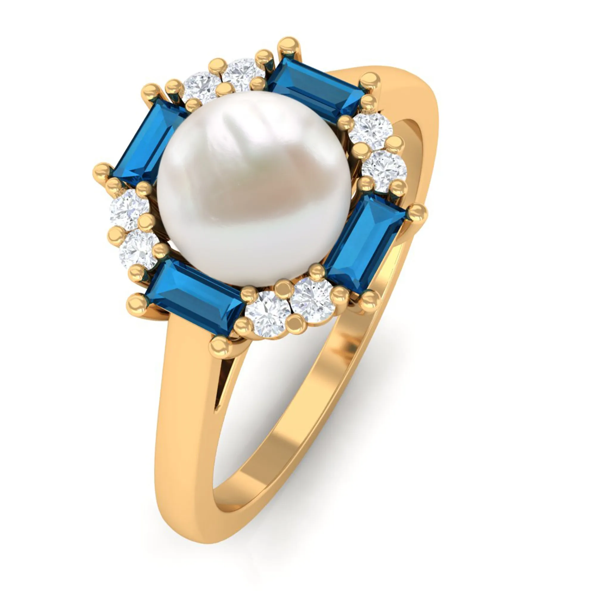 White Freshwater Pearl Halo Ring with Blue Topaz and Diamond