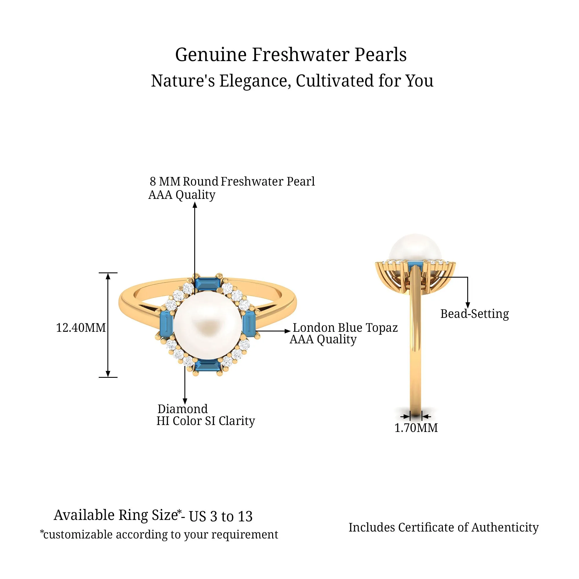 White Freshwater Pearl Halo Ring with Blue Topaz and Diamond