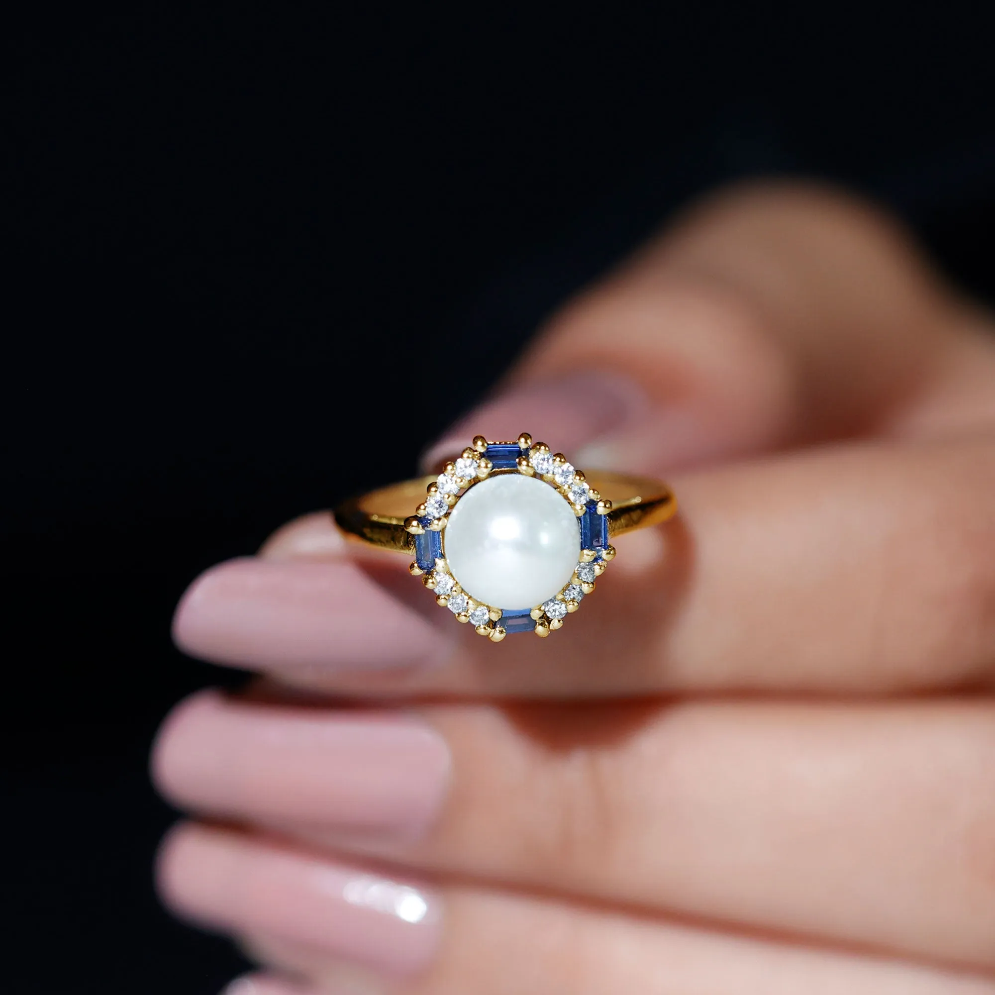 White Freshwater Pearl Halo Ring with Blue Topaz and Diamond