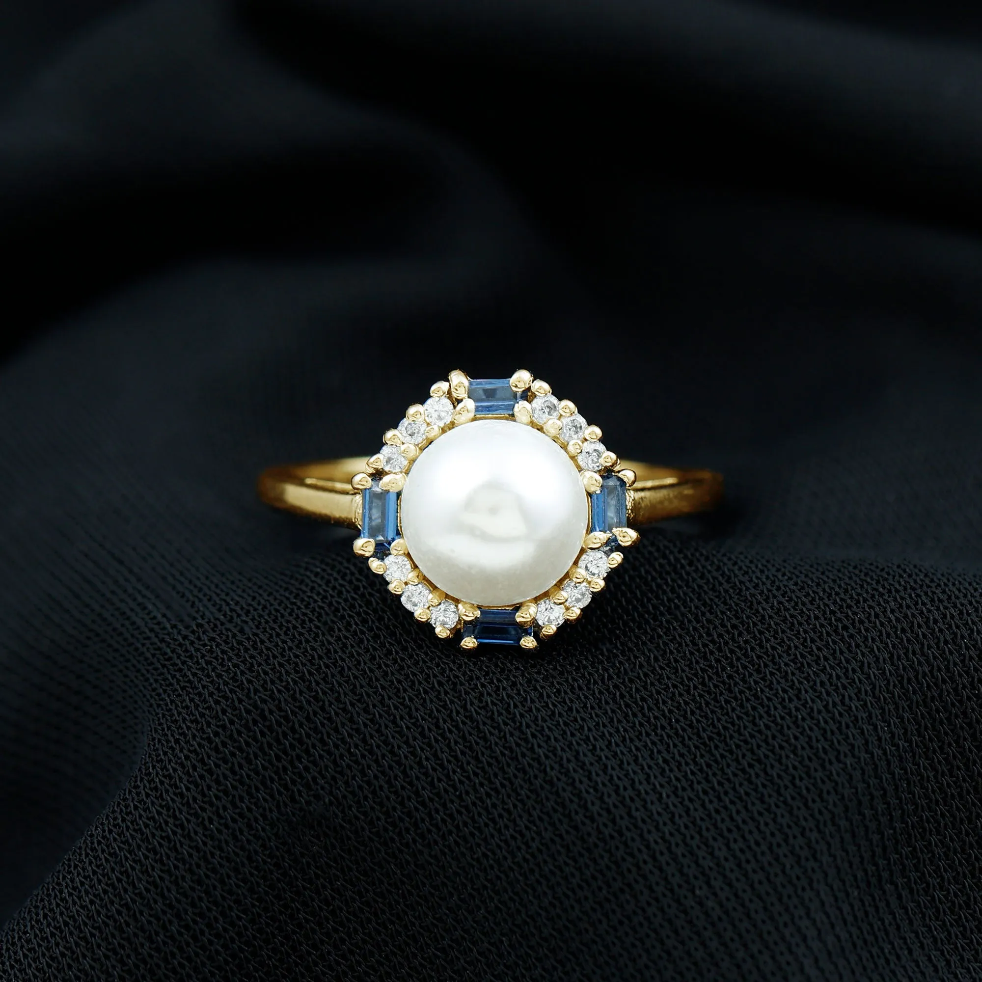 White Freshwater Pearl Halo Ring with Blue Topaz and Diamond