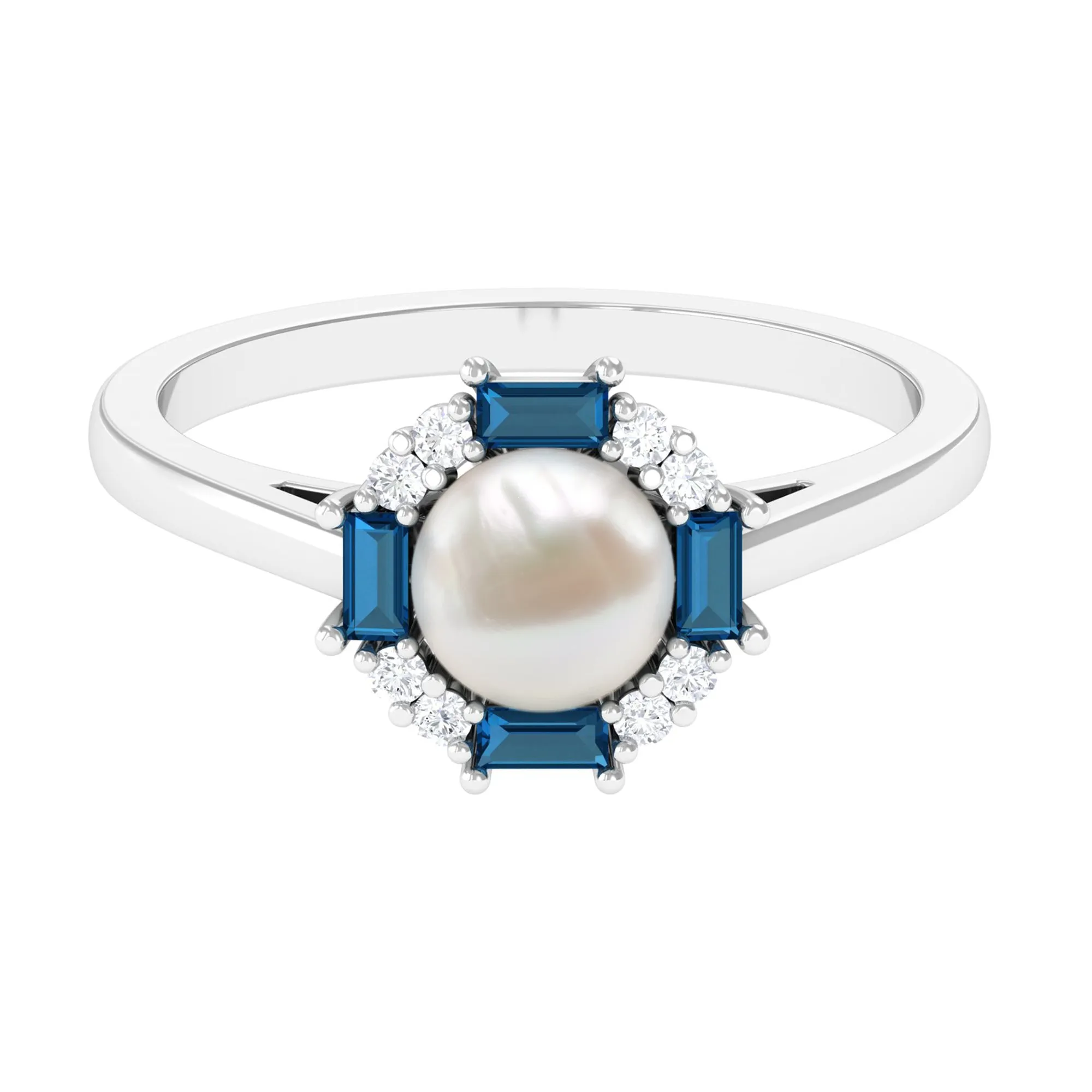 White Freshwater Pearl Halo Ring with Blue Topaz and Diamond
