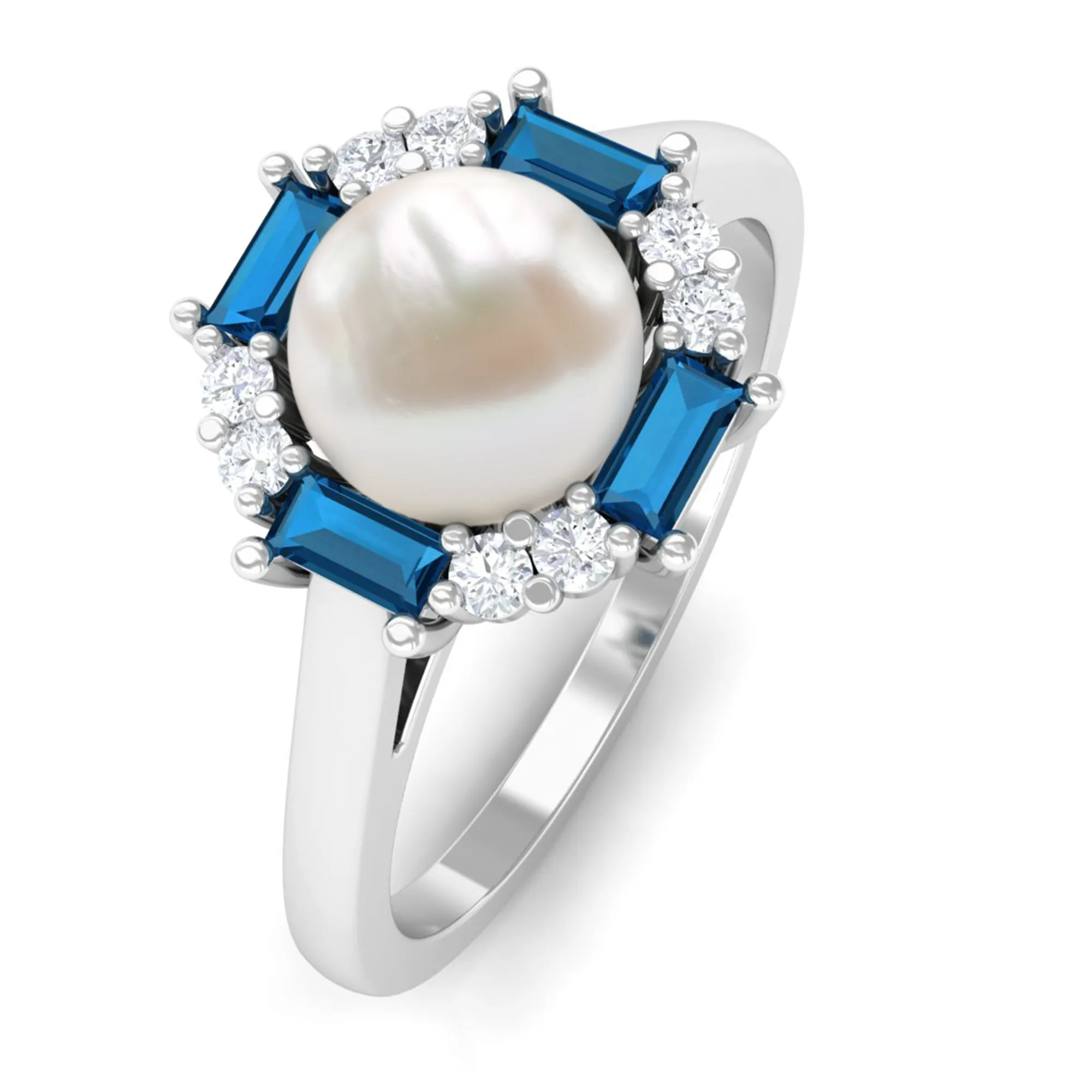 White Freshwater Pearl Halo Ring with Blue Topaz and Diamond