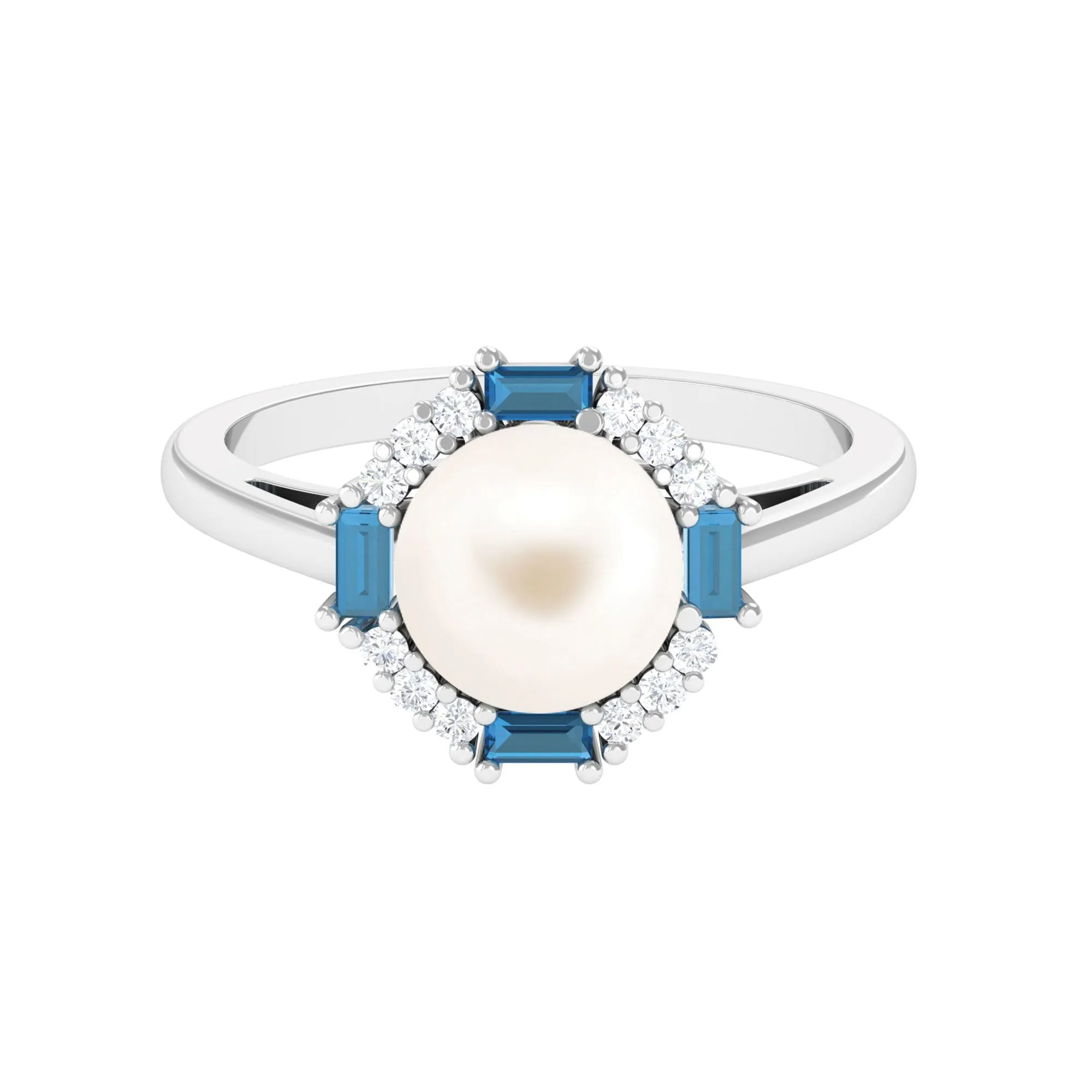 White Freshwater Pearl Halo Ring with Blue Topaz and Diamond