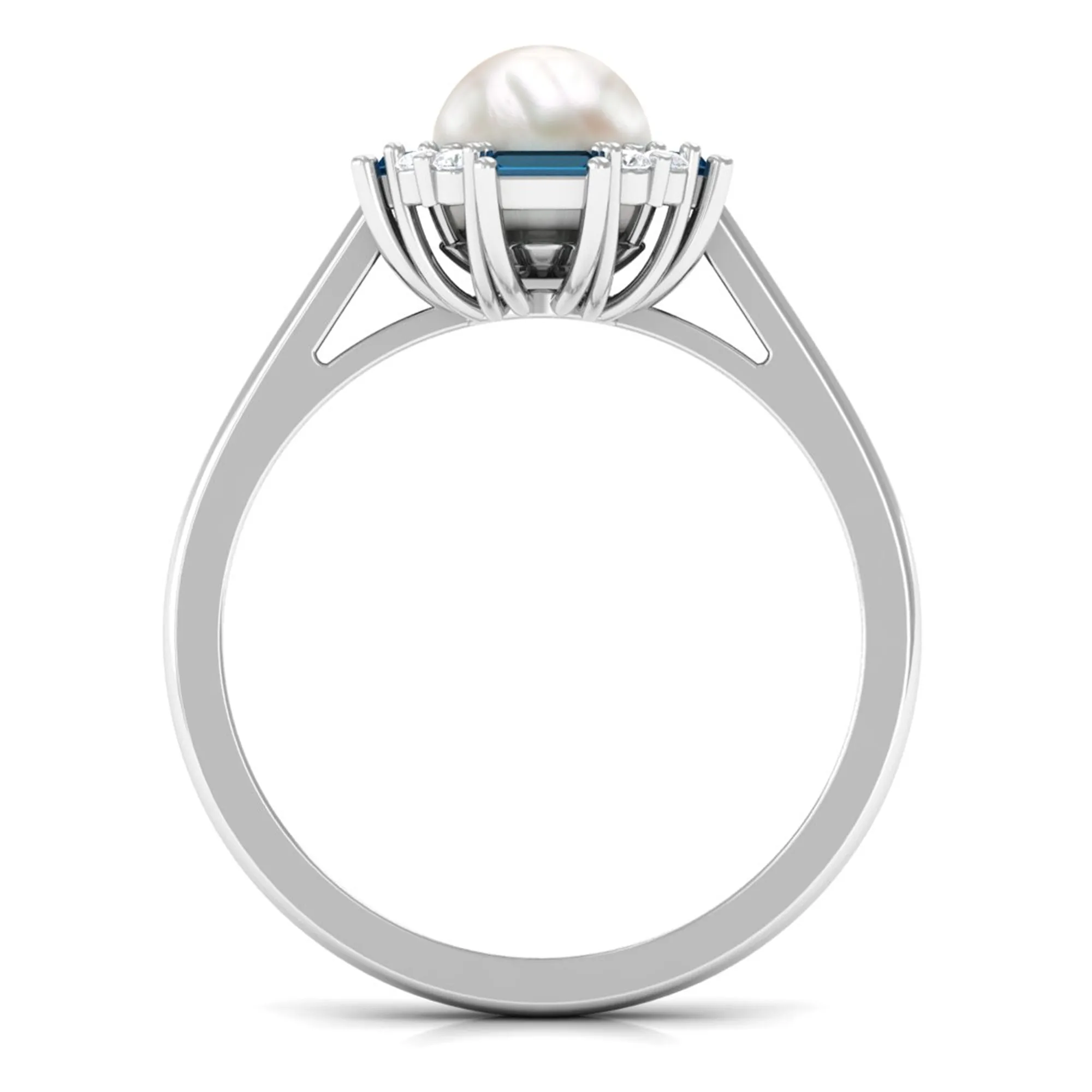 White Freshwater Pearl Halo Ring with Blue Topaz and Diamond