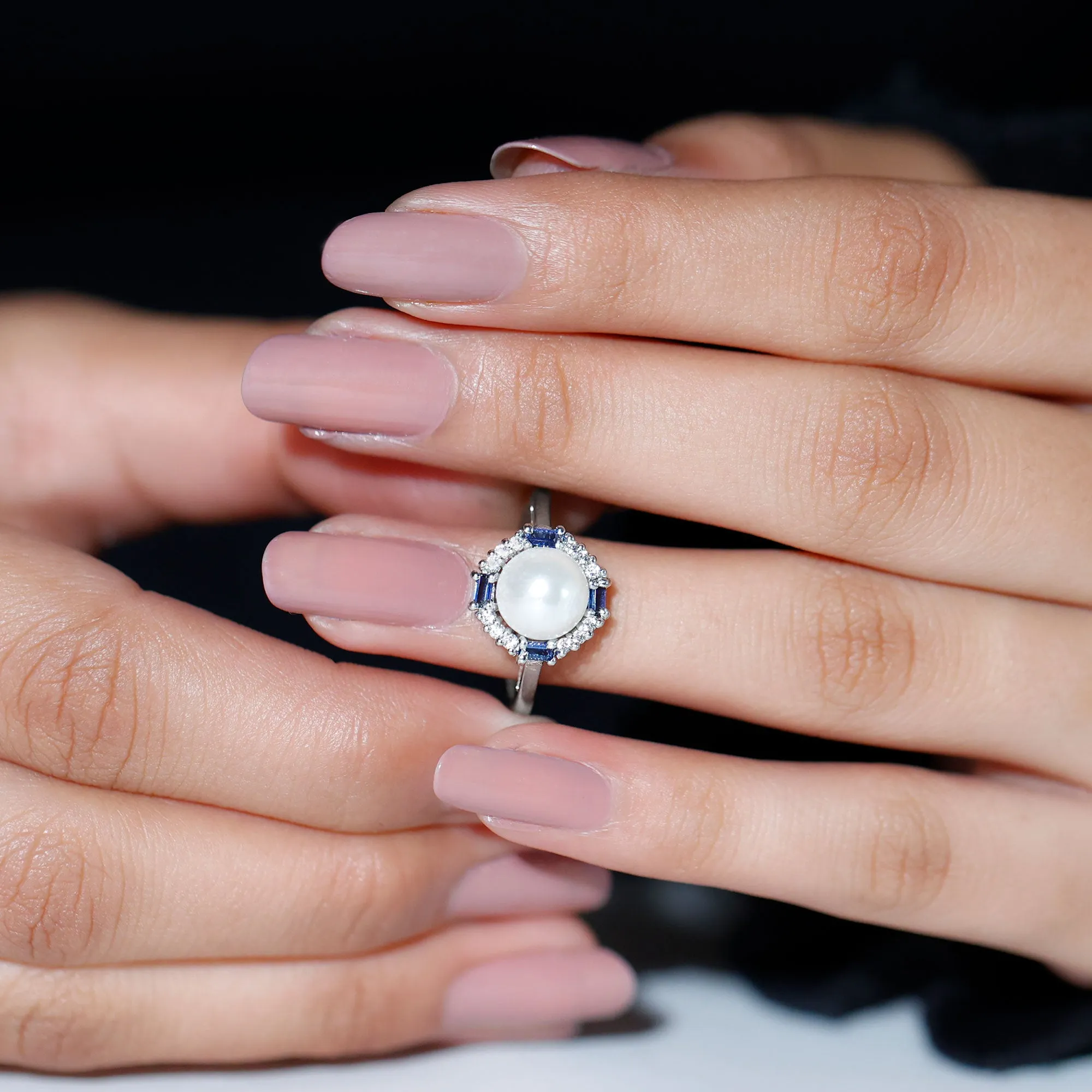 White Freshwater Pearl Halo Ring with Blue Topaz and Diamond