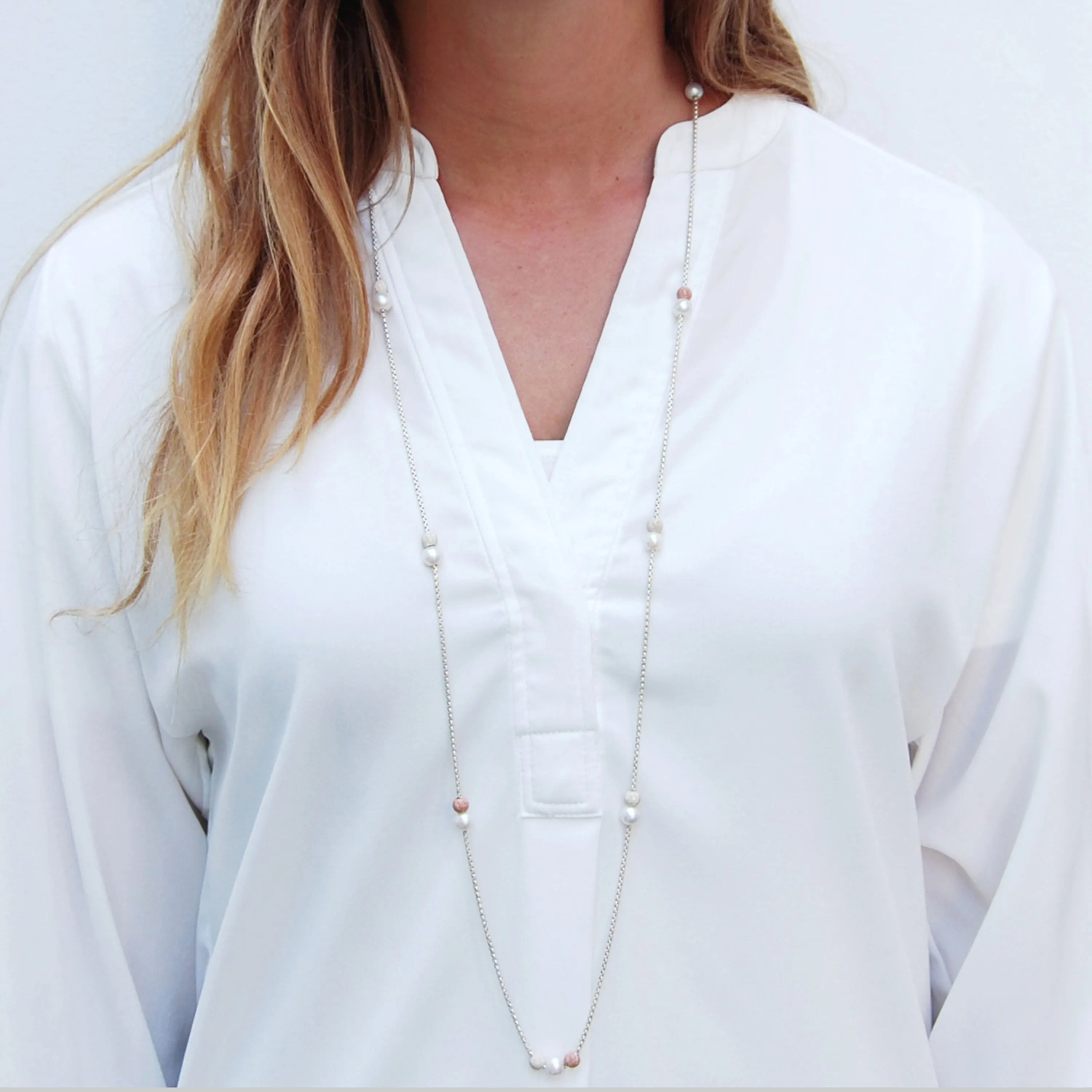 White Freshwater Pearl, Rose-Gold & Silver Beaded Chain Necklace
