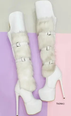 White Fur Detail Belted Platform Boots