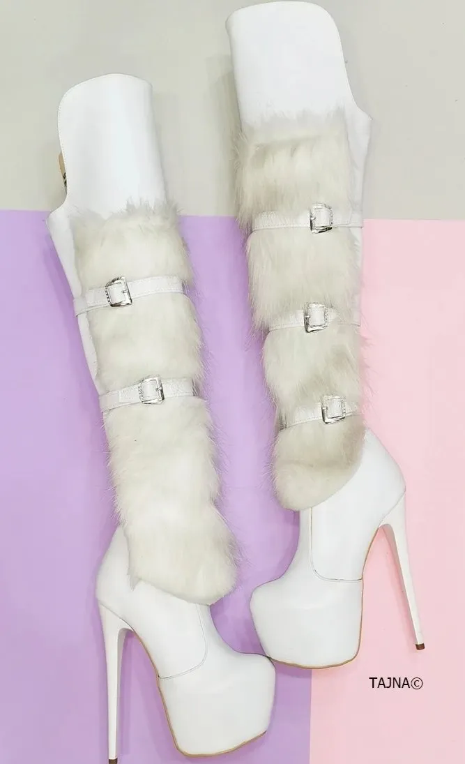 White Fur Detail Belted Platform Boots