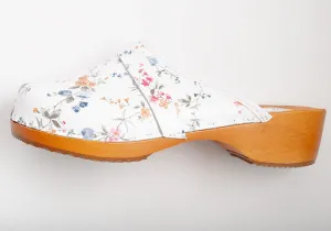 White Leather Clogs with Floral Pattern - DREWNIAKI | WU-239