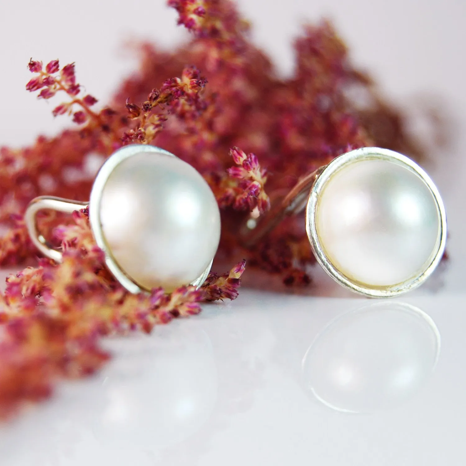 White Mabe Pearl & Silver Stud Earrings