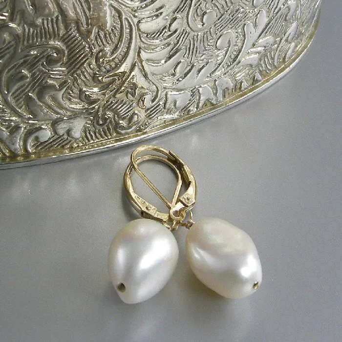 White Pearl Earrings, White Freshwater Pearl Earrings, Baroque Pearl Earrings