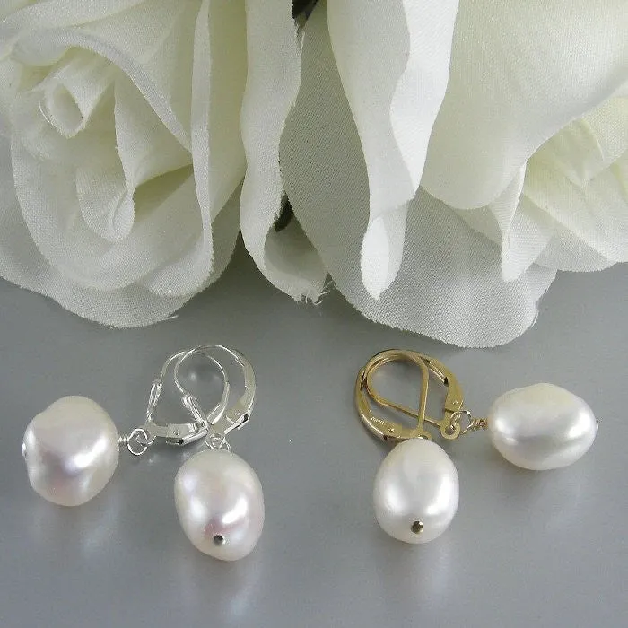 White Pearl Earrings, White Freshwater Pearl Earrings, Baroque Pearl Earrings