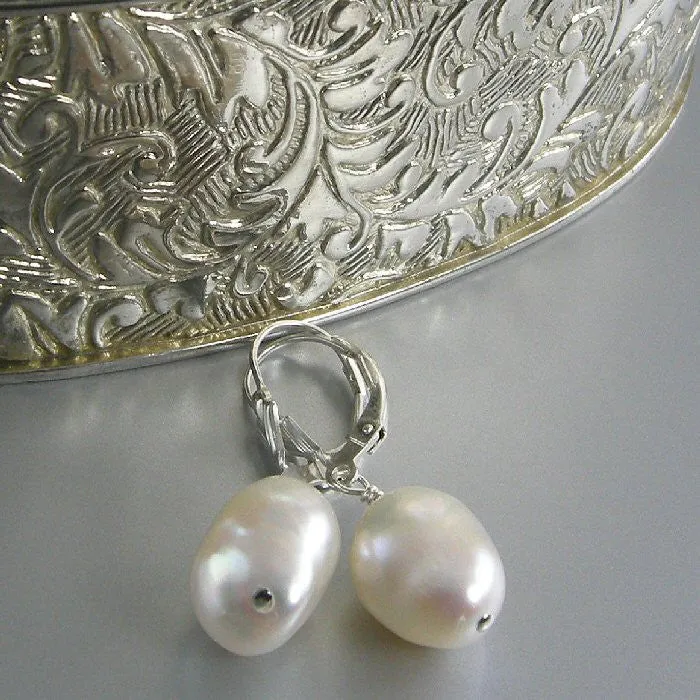 White Pearl Earrings, White Freshwater Pearl Earrings, Baroque Pearl Earrings