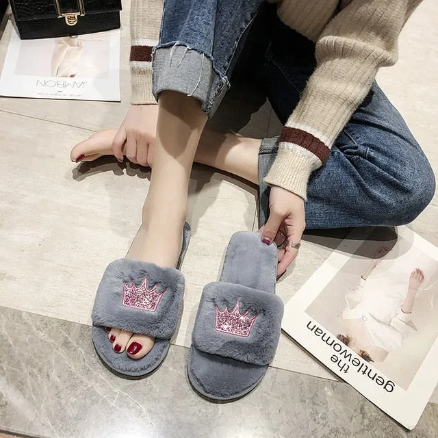 Winter Women House Faux Fur Fashion Slippers