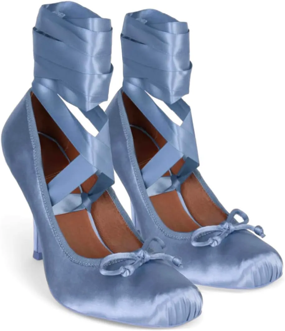 Women Satin Ballet High Heels Bow Round Toe Stiletto Heel Pumps Strappy 4 inch Stiletto High Heel Ballet Shoes Bow Slip On Dress Shoes Cross Strap Elegant Sexy 4-11 M US
