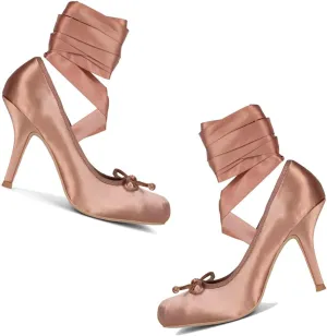Women Satin Ballet High Heels Bow Round Toe Stiletto Heel Pumps Strappy 4 inch Stiletto High Heel Ballet Shoes Bow Slip On Dress Shoes Cross Strap Elegant Sexy 4-11 M US