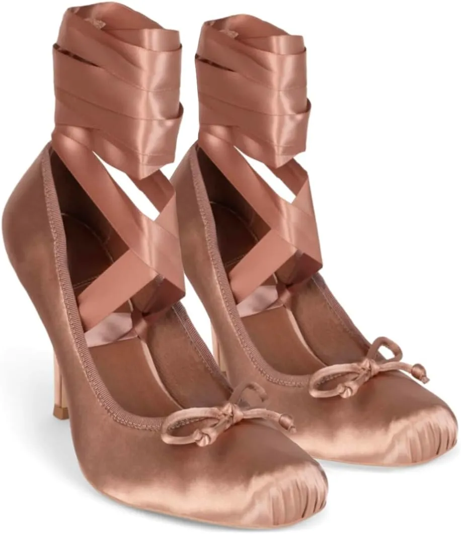 Women Satin Ballet High Heels Bow Round Toe Stiletto Heel Pumps Strappy 4 inch Stiletto High Heel Ballet Shoes Bow Slip On Dress Shoes Cross Strap Elegant Sexy 4-11 M US