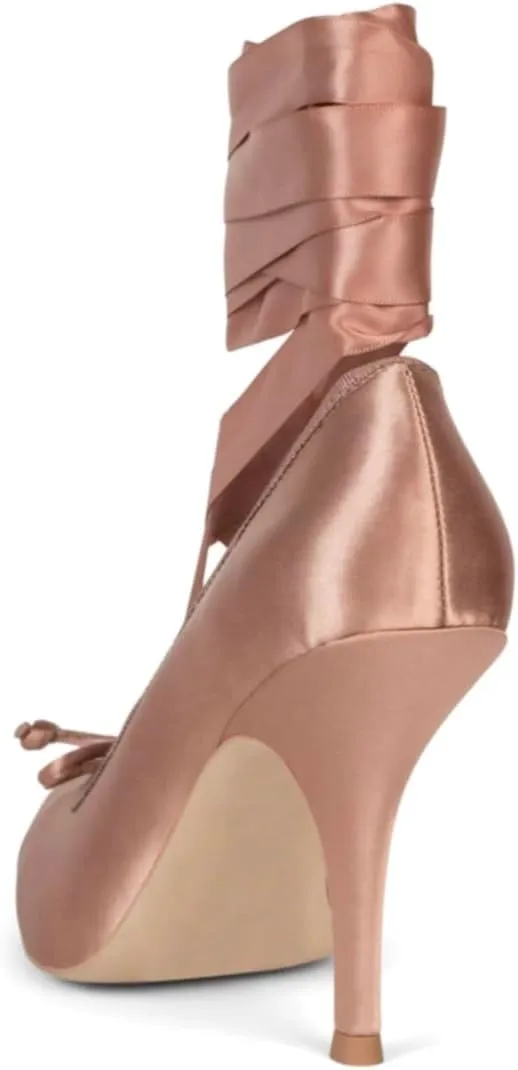 Women Satin Ballet High Heels Bow Round Toe Stiletto Heel Pumps Strappy 4 inch Stiletto High Heel Ballet Shoes Bow Slip On Dress Shoes Cross Strap Elegant Sexy 4-11 M US