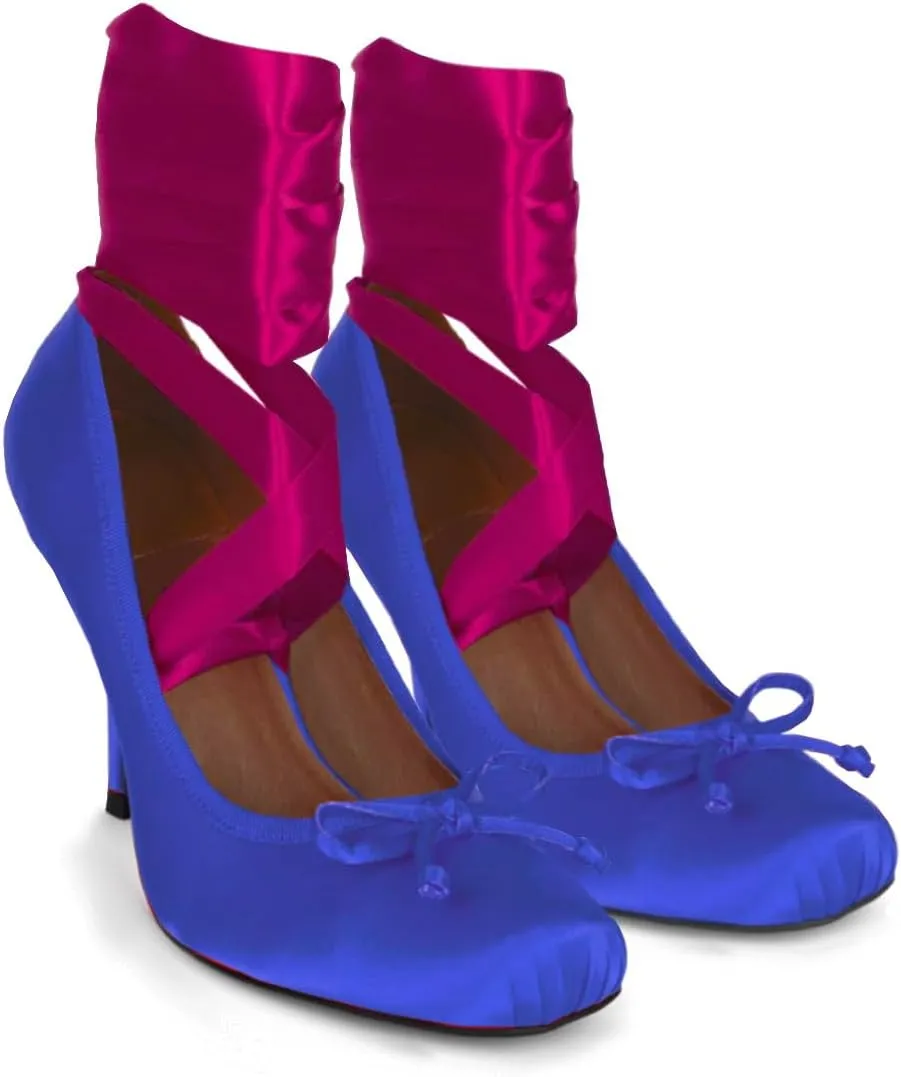 Women Satin Ballet High Heels Bow Round Toe Stiletto Heel Pumps Strappy 4 inch Stiletto High Heel Ballet Shoes Bow Slip On Dress Shoes Cross Strap Elegant Sexy 4-11 M US