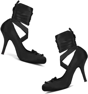 Women Satin Ballet High Heels Bow Round Toe Stiletto Heel Pumps Strappy 4 inch Stiletto High Heel Ballet Shoes Bow Slip On Dress Shoes Cross Strap Elegant Sexy 4-11 M US