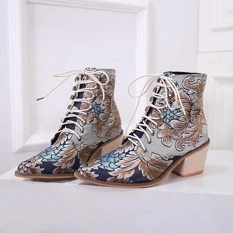 Women Winter Embroidered Pointed Toe Ankle Lace Up Boots