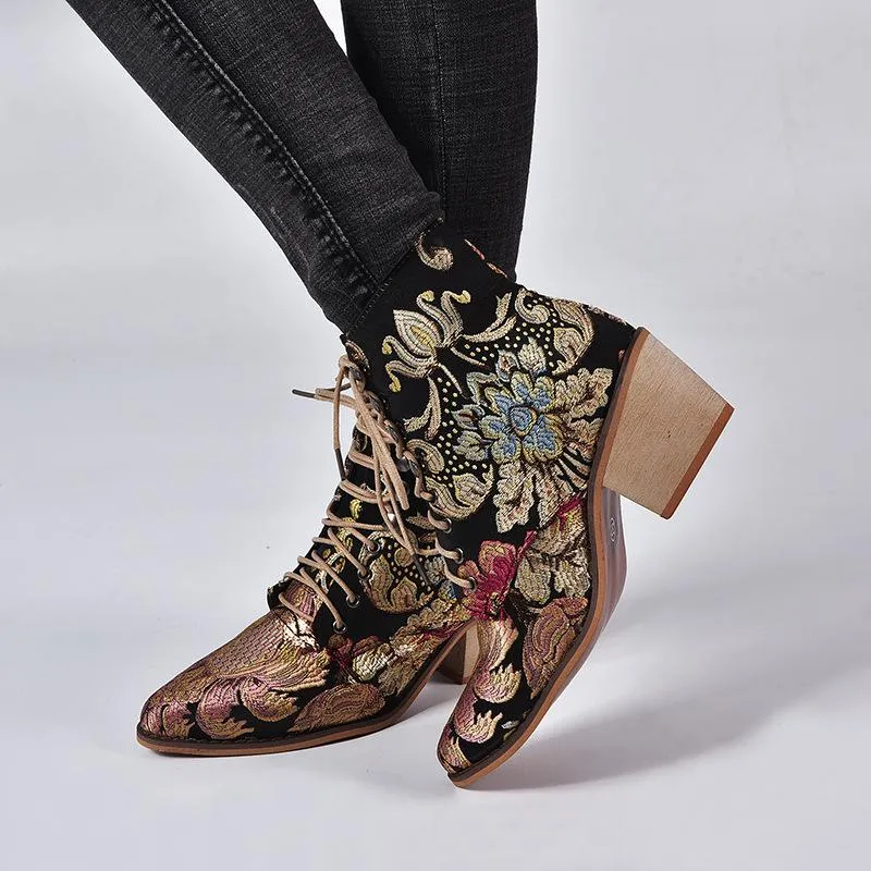Women Winter Embroidered Pointed Toe Ankle Lace Up Boots
