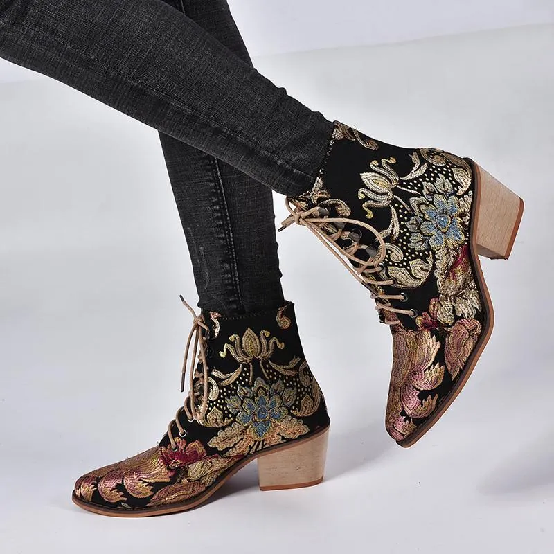 Women Winter Embroidered Pointed Toe Ankle Lace Up Boots