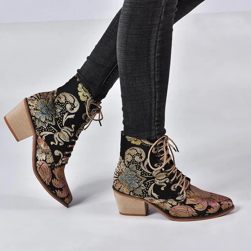 Women Winter Embroidered Pointed Toe Ankle Lace Up Boots