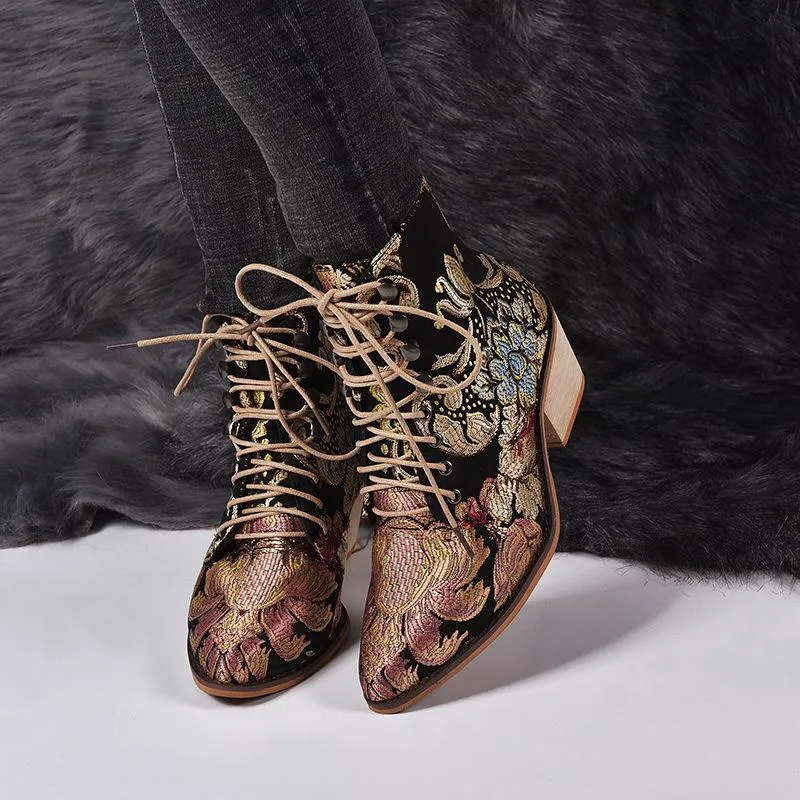 Women Winter Embroidered Pointed Toe Ankle Lace Up Boots